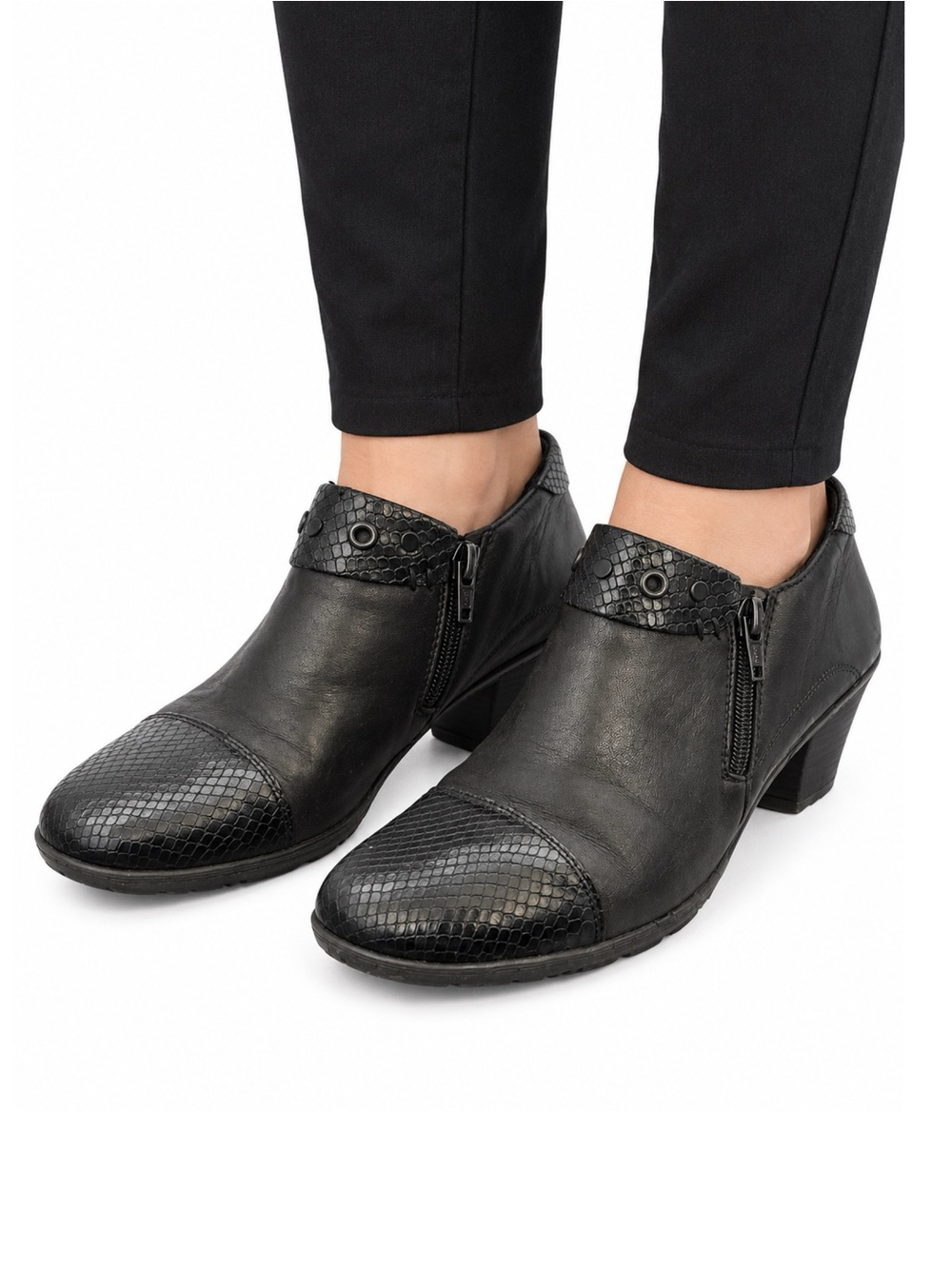Size 10 (EU 41) Rieker Women’s Black Snake-Embossed Side Zip Booties